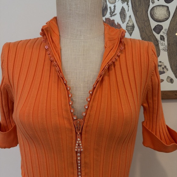 Belldini Sexy Orange Rhinestone Crystal Zipper Mock Neck Collar Shirt Large Y2K - Picture 3 of 8